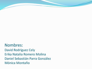 Nombres:
David Rodríguez Cely
Erika Natalia Romero Molina
Daniel Sebastián Parra González
Mónica Montaño