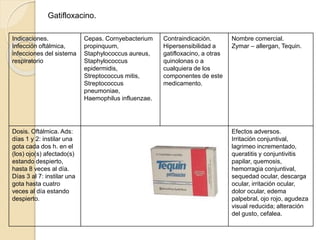Indicaciones.
Infección oftálmica,
infecciones del sistema
respiratorio
Cepas. Cornyebacterium
propinquum,
Staphylococcus aureus,
Staphylococcus
epidermidis,
Streptococcus mitis,
Streptococcus
pneumoniae,
Haemophilus influenzae.
Contraindicación.
Hipersensibilidad a
gatifloxacino, a otras
quinolonas o a
cualquiera de los
componentes de este
medicamento.
Nombre comercial.
Zymar – allergan, Tequin.
Dosis. Oftálmica. Ads:
días 1 y 2: instilar una
gota cada dos h. en el
(los) ojo(s) afectado(s)
estando despierto,
hasta 8 veces al día.
Días 3 al 7: instilar una
gota hasta cuatro
veces al día estando
despierto.
Efectos adversos.
Irritación conjuntival,
lagrimeo incrementado,
queratitis y conjuntivitis
papilar, quemosis,
hemorragia conjuntival,
sequedad ocular, descarga
ocular, irritación ocular,
dolor ocular, edema
palpebral, ojo rojo, agudeza
visual reducida; alteración
del gusto, cefalea.
Gatifloxacino.
 