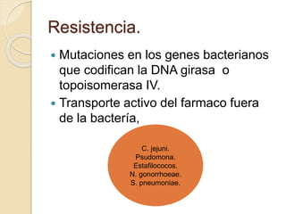 Resistencia.
 Mutaciones en los genes bacterianos
que codifican la DNA girasa o
topoisomerasa IV.
 Transporte activo del farmaco fuera
de la bactería,
C. jejuni.
Psudomona.
Estafilococos.
N. gonorrhoeae.
S. pneumoniae.
 