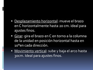  Desplazamiento horizontal: mueve el brazo
en C horizontalmente hasta 20 cm. ideal para
ajustes finos.
 Girar: gira el brazo en C en torno a la columna
de la unidad en posición horizontal hasta en
10°en cada dirección.
 Movimiento vertical: sube y baja el arco hasta
30cm. Ideal para ajustes finos.
 