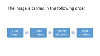 The image is carried in the following order
x-ray
photons
light
photons
next by
electrons
light
photons.
 