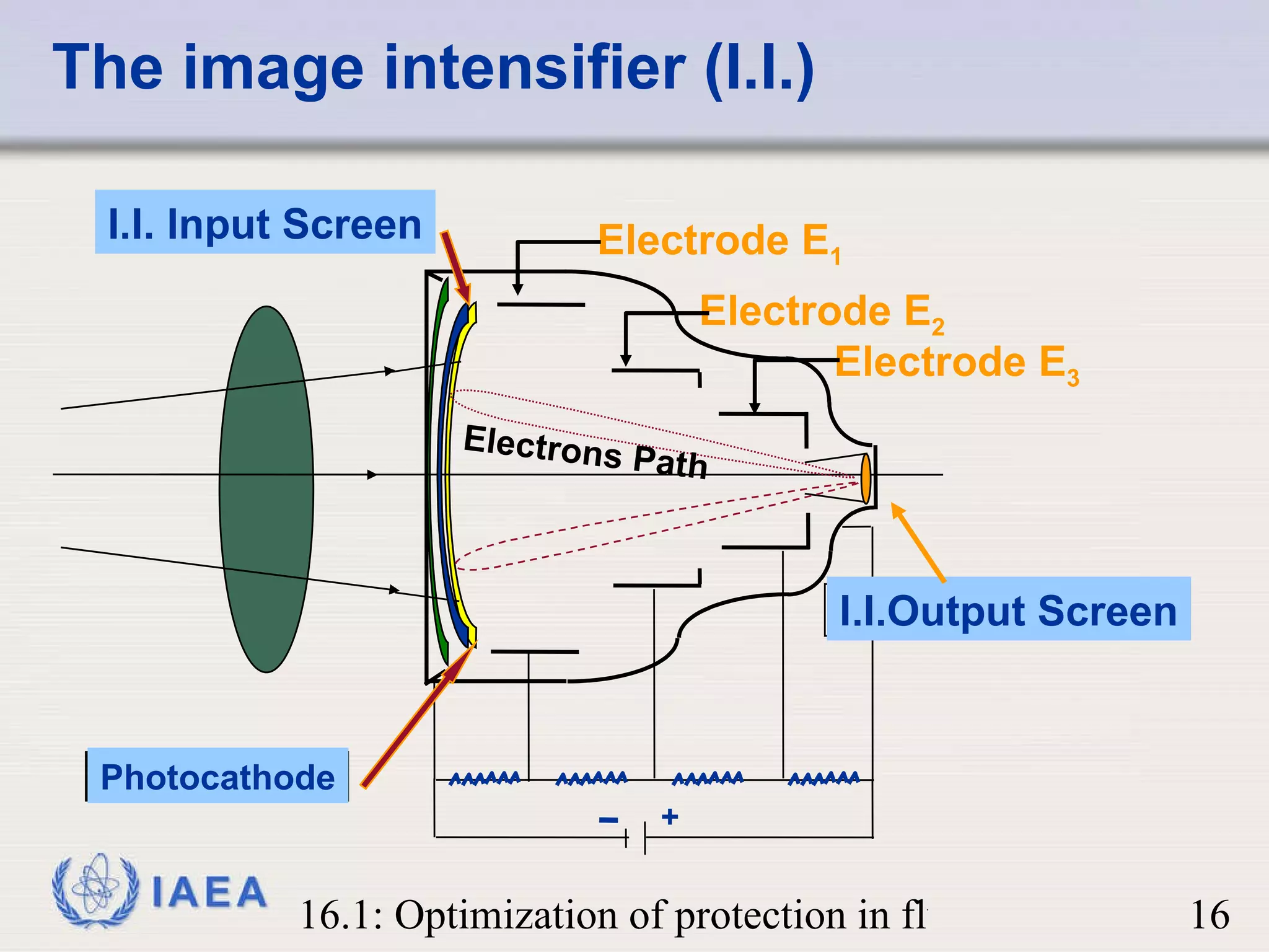 The image intensifier (I.I.) + I.I. Input Screen I.I.Output Screen Photocathode Electrode E 1 Electrode E 3 Electrode E 2 Electrons Path 