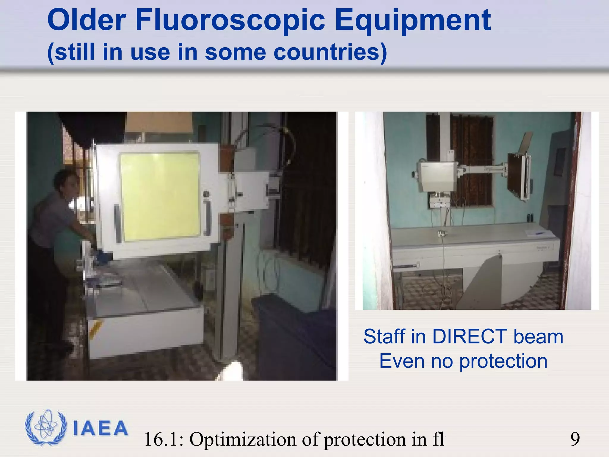 Older Fluoroscopic Equipment (still in use in some countries) Staff in DIRECT beam Even no protection 