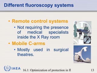 Different fluoroscopy systems Remote control systems Not requiring the presence of medical specialists inside the X Ray room Mobile C-arms Mostly used in surgical theatres. 