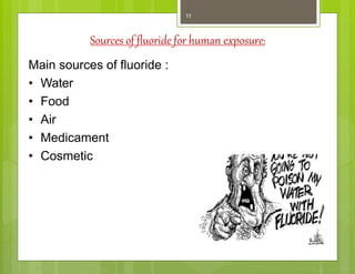 Sources of fluoride for human exposure:
Kuldeep Vyas M.Sc. CHN
Main sources of fluoride :
• Water
• Food
• Air
• Medicament
• Cosmetic
11
 