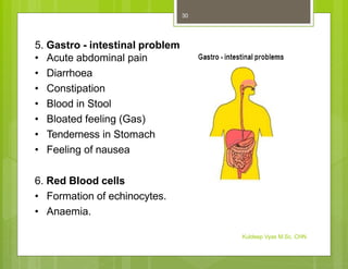 5. Gastro - intestinal problem
• Acute abdominal pain
• Diarrhoea
• Constipation
• Blood in Stool
• Bloated feeling (Gas)
• Tenderness in Stomach
• Feeling of nausea
6. Red Blood cells
• Formation of echinocytes.
• Anaemia.
Kuldeep Vyas M.Sc. CHN
30
 
