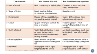 Fluorosis Index- Department of Public Health Dentistry 6
Characteristic Mild form of fluorosis Non fluoride enamel opacities
 Area affected Near tips of cusp or incisal edge Centered in smooth surface;
affect whole crown
 Shape of lesion Pencil shading; follow
incremental lines in enamel
Round and oval
 Demarcation Shades off imperceptibly into
surrounding normal enamel
Clearly differentiated from
adjacent normal enamel
 Colour “paper white”; no stain at the
time of eruption
“creamy-yellow”- “dark
orange”; Pigmented at time of
eruption
 Teeth affected Teeth that calcify slowly; rare
on lower incisors; rare
deciduous teeth involvement;
usually bilateral
Any tooth ; deciduous tooth may
be involved ; may affect single
tooth
 Gross hypoplasia None ; enamel has glazed
appearance-smooth to explorer
tip
Absent-severe; enamel surface
can be etched-rough to explorer
 Detection Strong light- line of sight
tangential to the crown
Strong light- line of sight
perpendicular to tooth surface
 