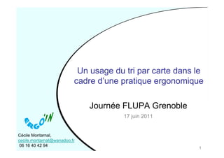 Un usage du tri par carte dans le
                          cadre d’une pratique ergonomique

                              Journée FLUPA Grenoble
                                       17 juin 2011


Cécile Montarnal,
cecile.montarnal@wanadoo.fr
 06 16 40 42 94
                                                          1
 
