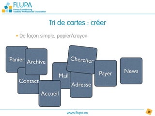 Tri de cartes : créer
  • De façon simple, papier/crayon



Panier Archive              Chercher

                                       Payer   News
                     Mail
   Contact
                            Adresse
             Accueil


                        www.flupa.eu                  28
 