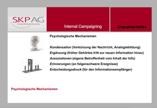 Psychologische Mechanismen Psychologische Mechanismen Kondensation  (Verkürzung der Nachricht, Analogiebildung) Ergänzung  (früher Gehörtes tritt zur neuen Information hinzu) Assoziationen  (eigene Betroffenheit vom Inhalt der Info) Erinnerungen  (an folgenschwere Ereignisse) Entscheidungsdruck  (für den Informationsempfänger) Charakteristika 