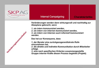 Veränderungen werden dann wirkungsvoll und nachhaltig zur Akzeptanz gebracht, wenn  1. sie intern kommuniziert werden, 2. sie intern von Internen kommuniziert werden, 3. sie intern von Internen auch informell kommuniziert werden. Das hat zur Konsequenz, dass 1. der Berater eine zurückgezogene/diskrete Rolle einzunehmen hat, 2. die direkte und indirekte Kommunikation durch Mitarbeiter erfolgt, 3. eine nach spezifischen Kriterien zusammengestellte Gruppe interner Kräfte diesen Prozess begleitet (Projekt). Veränderungskommunikation Charakteristika                                       