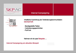 Inhaltliche Ausrichtung der Veränderungskommunikation  NAVIGATOR   Bereitgestellte Fakten Veränderungsgeschichten FlurFunk Nehmen wir ein paar  Beispiele  … Internal Campaigning am aktuellen Beispiel 