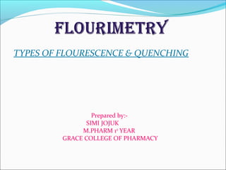 TYPES OF FLOURESCENCE & QUENCHING
Prepared by:-
SIMI JOJUK
M.PHARM 1st
YEAR
GRACE COLLEGE OF PHARMACY
 