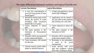 The main differences between systemic and topical fluoride are:
 