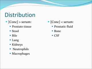 Distribution  [Conc] > serum:  Prostate tissue Stool Bile Lung Kidneys Neutrophils Macrophages [Conc] < serum:  Prostatic fluid Bone CSF 