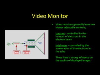 Video Monitor 
• Video monitors generally have two 
viewer adjustable controls; 
contrast - controlled by the 
number of electrons in the 
electron beam 
brightness - controlled by the 
acceleration of the electrons in 
the tube 
These have a strong influence on 
the quality of displayed images. 
 