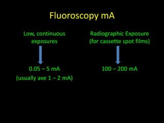 Fluoroscopy mA 
Low, continuous 
exposures 
0.05 – 5 mA 
(usually ave 1 – 2 mA) 
Radiographic Exposure 
(for cassette spot films) 
100 – 200 mA 
 