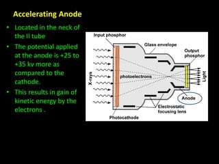 Accelerating Anode 
• Located in the neck of 
the II tube 
• The potential applied 
at the anode is +25 to 
+35 kv more as 
compared to the 
cathode. 
• This results in gain of 
kinetic energy by the 
electrons . 
 