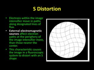 S Distortion 
• Electrons within the image 
intensifier move in paths 
along designated lines of 
flux. 
• External electromagnetic 
sources affect electron 
paths at the periphery of 
the image intensifier more, 
than those nearer the 
center. 
• This characteristic causes 
the image in a fluoroscopic 
system to distort with an S 
shape 
 