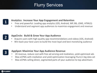 Flurry Services


    Analytics: Increase Your App Engagement and Retention
1   •   Free and powerful. Leading app analyti...