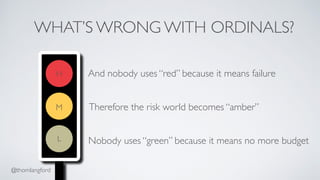 WHAT’S WRONG WITH ORDINALS? 
And nobody uses “red” because it means failure 
Therefore the risk world becomes “amber” 
Nob...