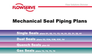 Flow Solutions Division
Mechanical Seal Piping Plans
Single Seals plans 01, 02, 11, 13, 14, 21, 23, 31, 32, 41
Dual Seals plans 52, 53A, 53B, 53C, 54
Quench Seals plan 62
Gas Seals plans 72, 74, 75, 76
 