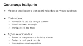 Governança Inteligente
● Mede a qualidade e transparência dos serviços públicos
● Parâmetros:
○ Facilidade no uso dos serviços públicos
○ Investimento em tecnologia
○ Transparência dos dados
● Ações relacionadas:
○ Portais de transparência e de dados abertos
○ Portais de participação popular
○ Integração de serviços públicos
 