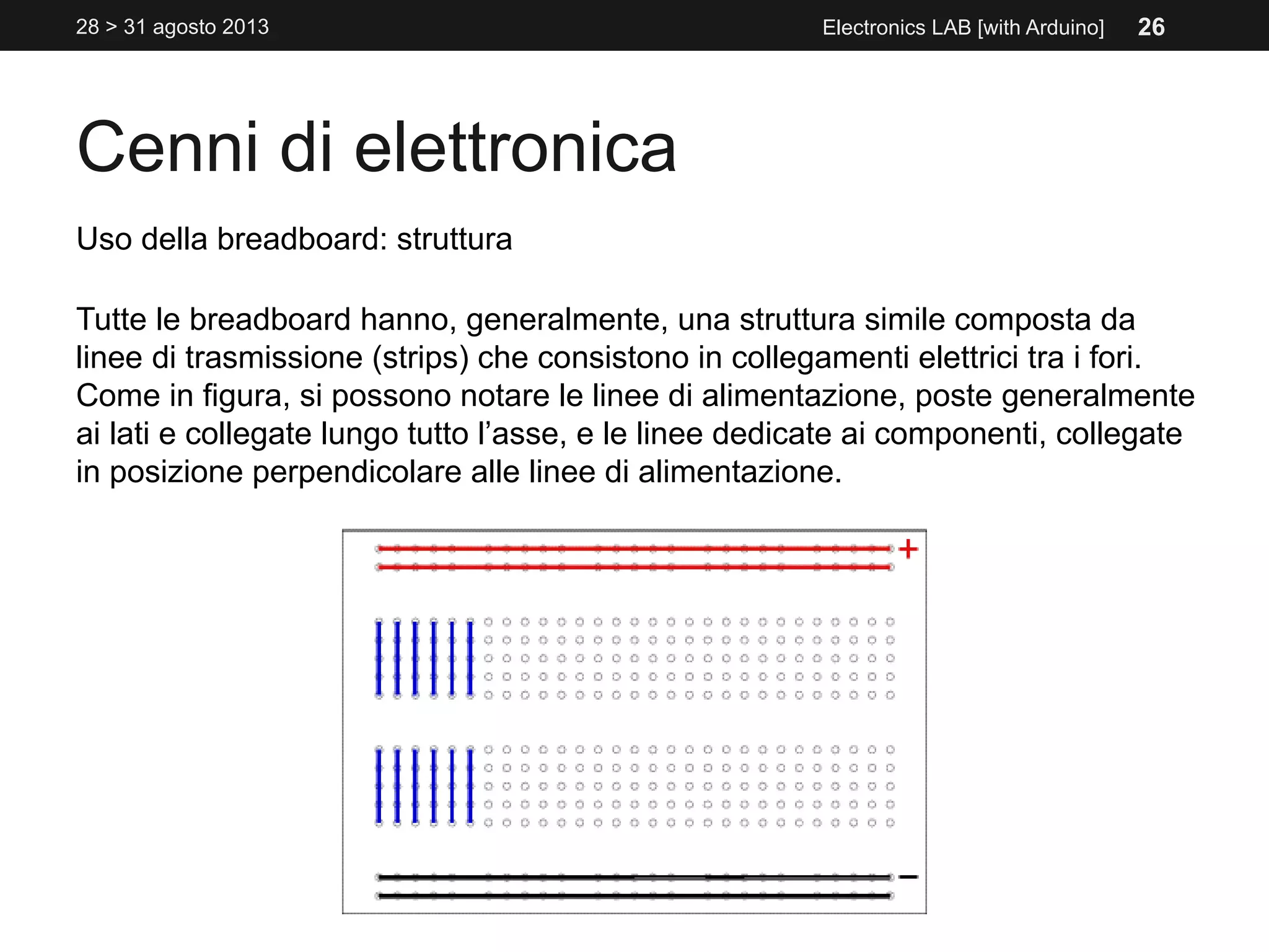 Cenni di elettronica
28 > 31 agosto 2013 Electronics LAB [with Arduino]
Uso della breadboard: struttura
Tutte le breadboard hanno, generalmente, una struttura simile composta da
linee di trasmissione (strips) che consistono in collegamenti elettrici tra i fori.
Come in figura, si possono notare le linee di alimentazione, poste generalmente
ai lati e collegate lungo tutto l’asse, e le linee dedicate ai componenti, collegate
in posizione perpendicolare alle linee di alimentazione.
26
 