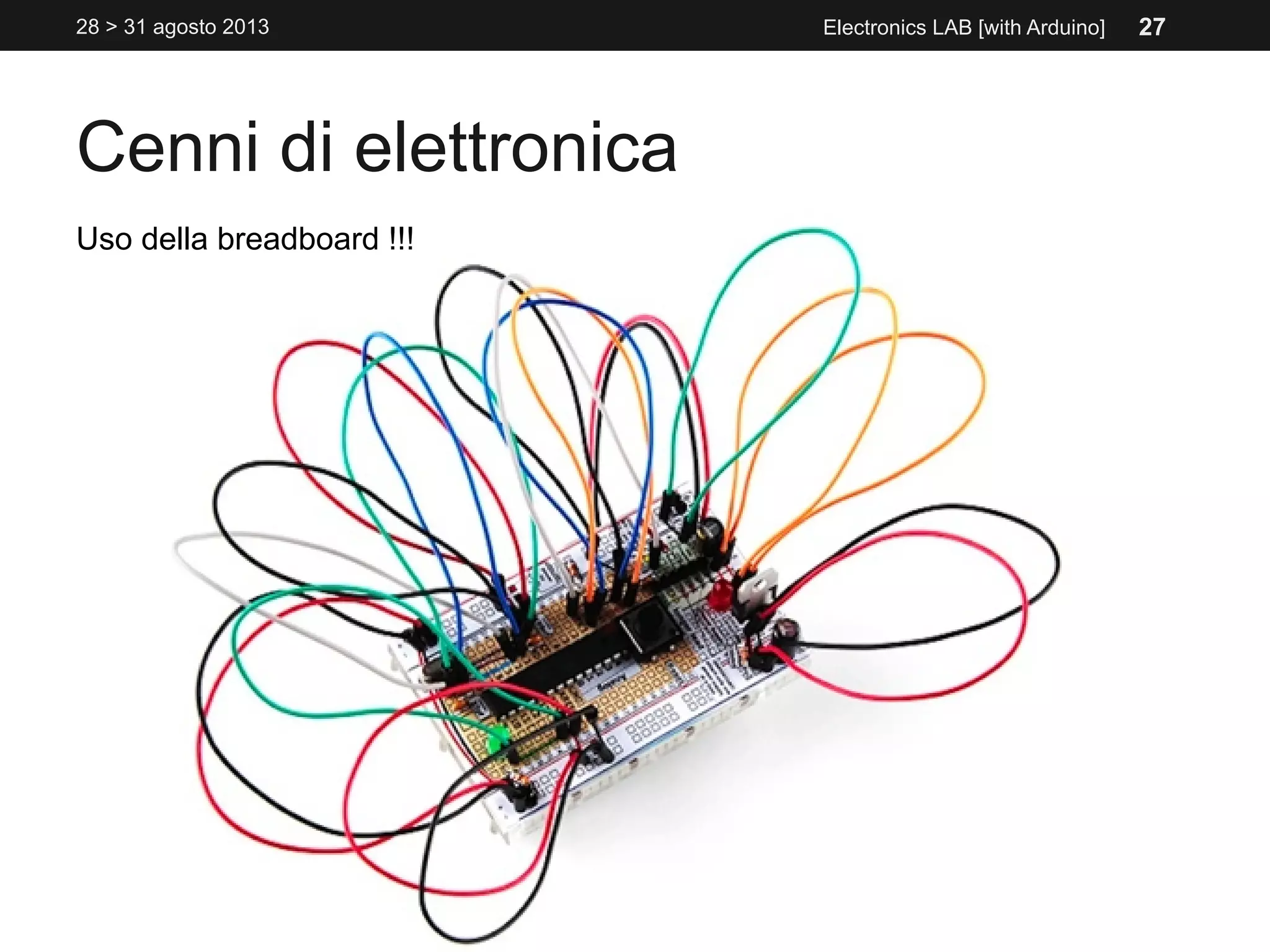 Cenni di elettronica
28 > 31 agosto 2013 Electronics LAB [with Arduino]
Uso della breadboard !!!
27
 