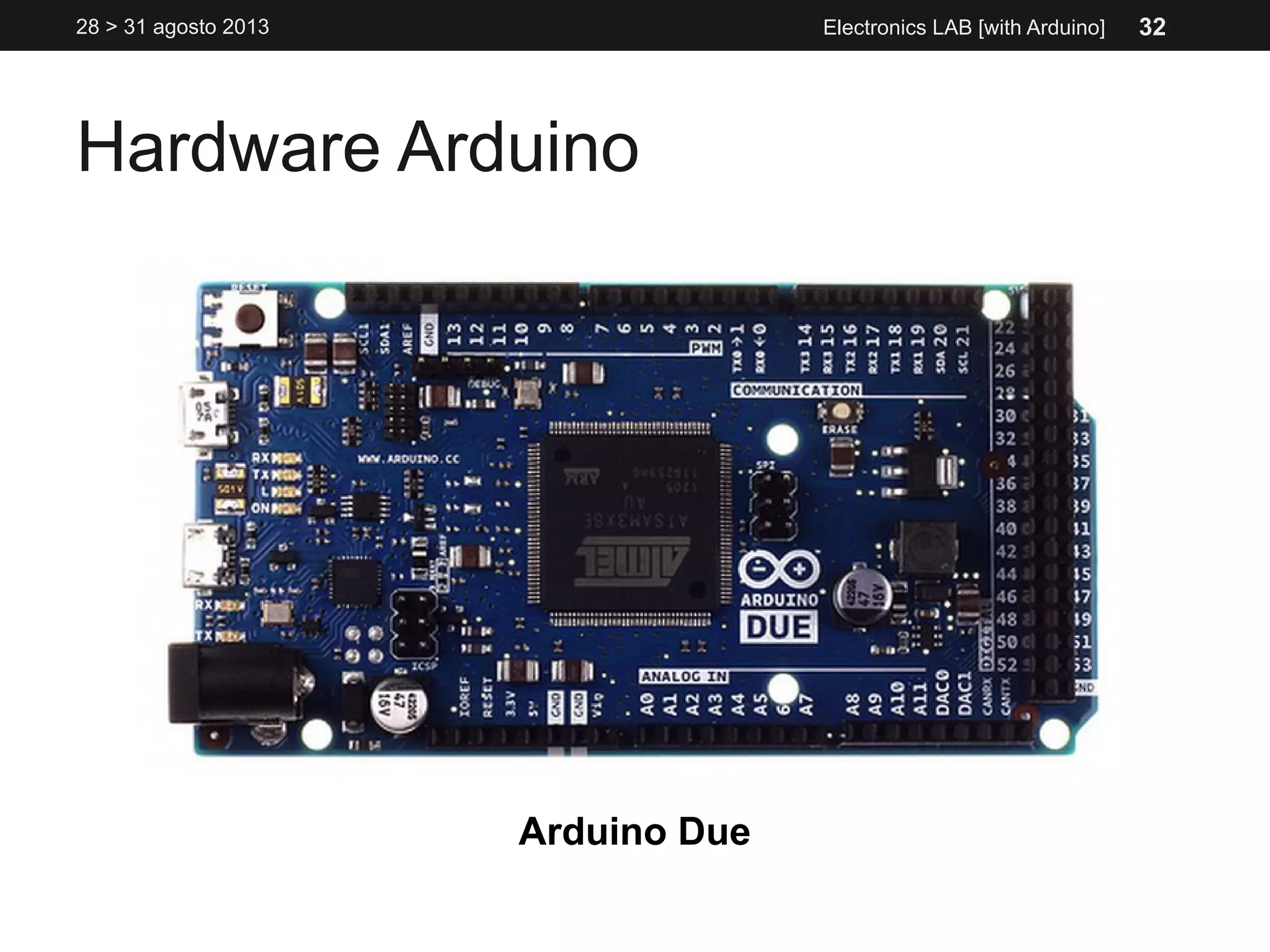Hardware Arduino
28 > 31 agosto 2013 Electronics LAB [with Arduino]
Arduino Due
32
 