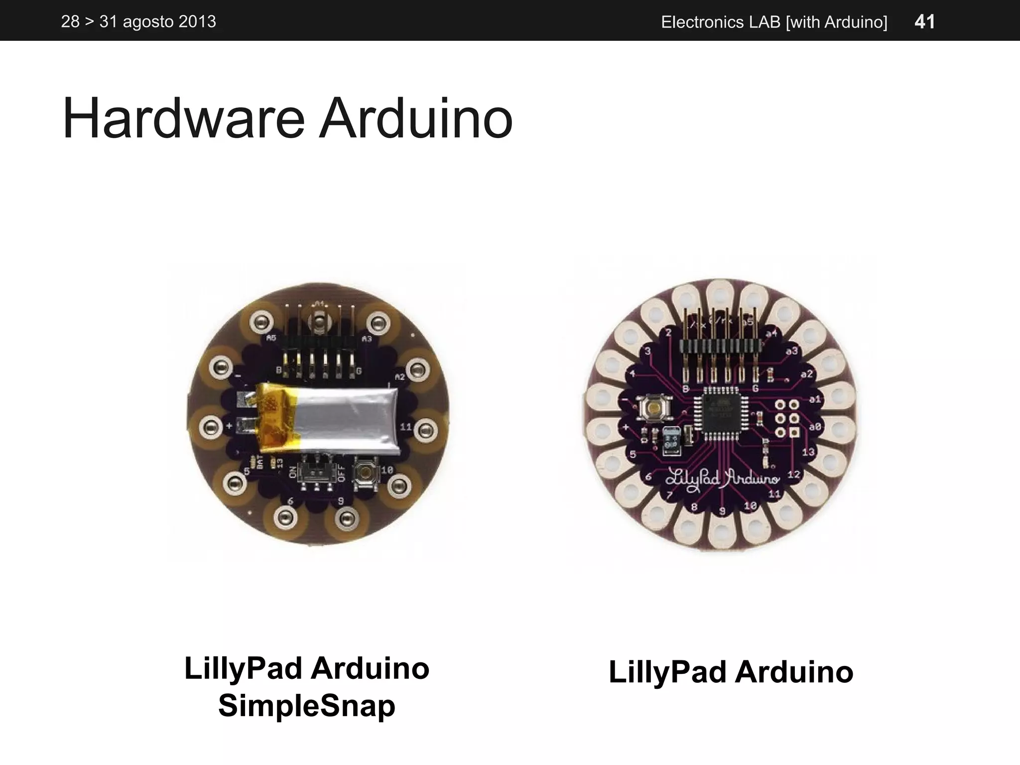 Hardware Arduino
28 > 31 agosto 2013 Electronics LAB [with Arduino]
LillyPad Arduino
SimpleSnap
LillyPad Arduino
41
 