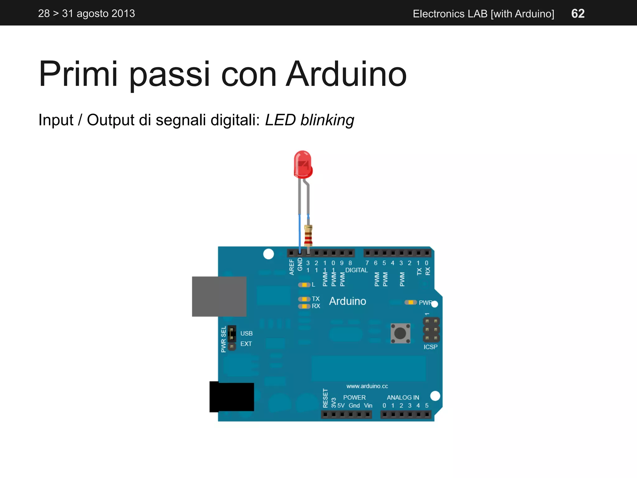 Primi passi con Arduino
28 > 31 agosto 2013 Electronics LAB [with Arduino]
Input / Output di segnali digitali: LED blinking
62
 