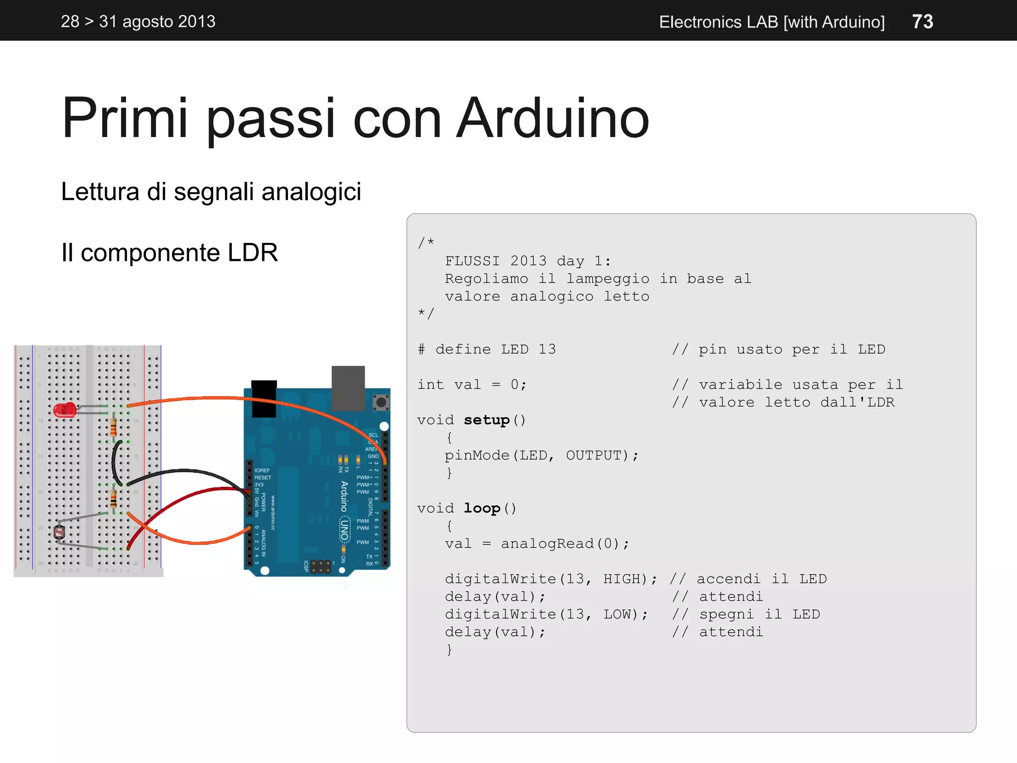 Primi passi con Arduino
28 > 31 agosto 2013 Electronics LAB [with Arduino]
/*
FLUSSI 2013 day 1:
Regoliamo il lampeggio in base al
valore analogico letto
*/
# define LED 13 // pin usato per il LED
int val = 0; // variabile usata per il
// valore letto dall'LDR
void setup()
{
pinMode(LED, OUTPUT);
}
void loop()
{
val = analogRead(0);
digitalWrite(13, HIGH); // accendi il LED
delay(val); // attendi
digitalWrite(13, LOW); // spegni il LED
delay(val); // attendi
}
Lettura di segnali analogici
Il componente LDR
73
 
