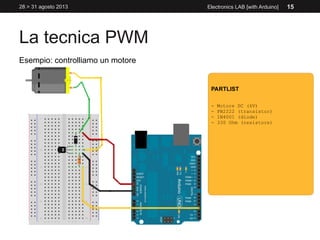 La tecnica PWM
28 > 31 agosto 2013 Electronics LAB [with Arduino] 15
Esempio: controlliamo un motore
 