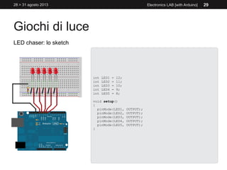 Giochi di luce
28 > 31 agosto 2013 Electronics LAB [with Arduino] 29
LED chaser: lo sketch
int LED1 = 12;
int LED2 = 11;
int LED3 = 10;
int LED4 = 9;
int LED5 = 8;
void setup()
{
pinMode(LED1, OUTPUT);
pinMode(LED2, OUTPUT);
pinMode(LED3, OUTPUT);
pinMode(LED4, OUTPUT);
pinMode(LED5, OUTPUT);
}
 