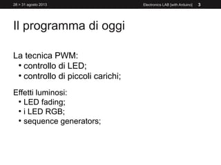 Il programma di oggi
La tecnica PWM:
●
controllo di LED;
●
controllo di piccoli carichi;
Effetti luminosi:
●
LED fading;
●
i LED RGB;
●
sequence generators;
3Electronics LAB [with Arduino]28 > 31 agosto 2013
 