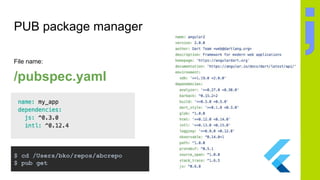 PUB package manager
File name:
/pubspec.yaml
$ cd /Users/bko/repos/abcrepo
$ pub get
 