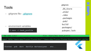 Tools
- gitignore file - .gitignore
- environment variables
.gitignore:
$ nano ~/.bash_profile
flutter pub dart dart2js dartanalyzer etc...
 