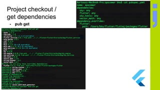 Project checkout /
get dependencies
- pub get
 