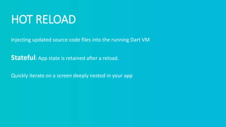 HOT RELOAD
Injecting updated source code files into the running Dart VM
Stateful: App state is retained after a reload.
Quickly iterate on a screen deeply nested in your app
 
