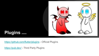 Plugins ....
https://github.com/flutter/plugins - Official Plugins
https://pub.dev/ - Third Party Plugins
 