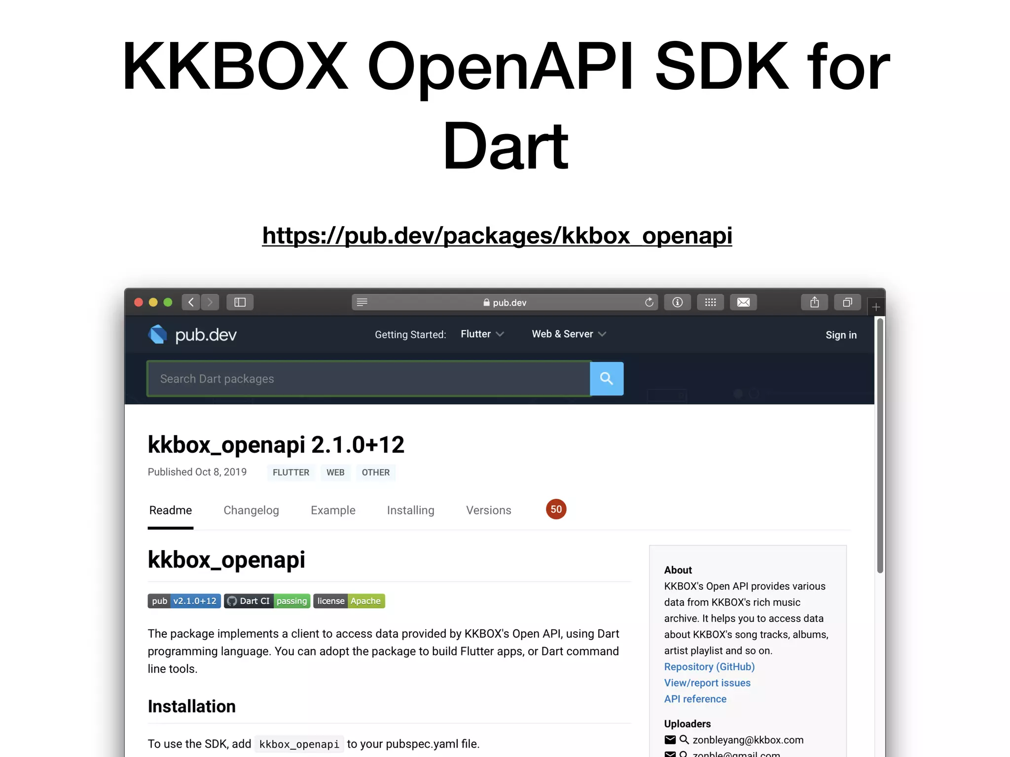 KKBOX OpenAPI SDK for
Dart
https://pub.dev/packages/kkbox_openapi
 
