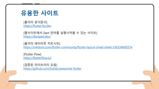 [플러터 공식문서]
https://flutter-ko.dev
[웹사이트에서 Dart 언어를 실행시켜볼 수 있는 사이트]
https://dartpad.dev/
[플러터 레이아웃 치트시트]
https://medium.com/flutter-community/flutter-layout-cheat-sheet-5363348d037e
[Flutter Flow]
https://flutterflow.io/
[검증된 라이브러리 모음]
https://github.com/Solido/awesome-flutter
유용한 사이트
 