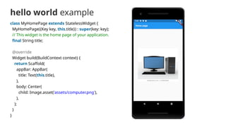 hello world example
class MyHomePage extends StatelessWidget {
MyHomePage({Key key, this.title}) : super(key: key);
// This widget is the home page of your application.
final String title;
@override
Widget build(BuildContext context) {
return Scaffold(
appBar: AppBar(
title: Text(this.title),
),
body: Center(
child: Image.asset('assets/computer.png'),
),
);
}
}
 