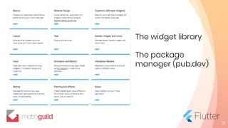 21
The widget library
The package
manager (pub.dev)
 
