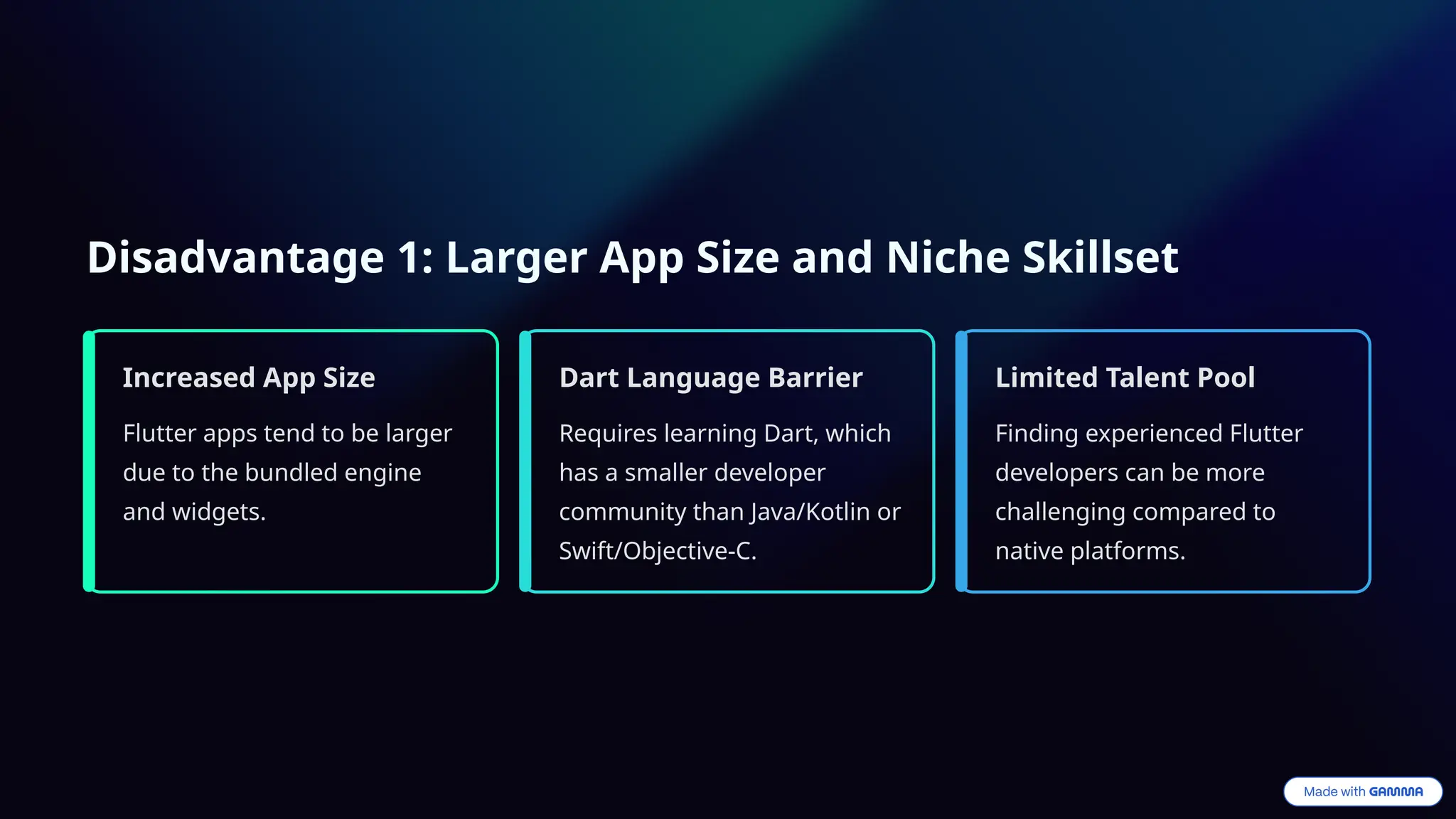 Disadvantage 1: Larger App Size and Niche Skillset
Increased App Size
Flutter apps tend to be larger
due to the bundled engine
and widgets.
Dart Language Barrier
Requires learning Dart, which
has a smaller developer
community than Java/Kotlin or
Swift/Objective-C.
Limited Talent Pool
Finding experienced Flutter
developers can be more
challenging compared to
native platforms.
 