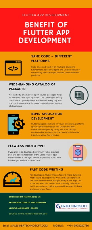 BRTECHNOSOFT TECHNOLOGIES LLC
AKSHARDHAM COMPLEX, NEAR JIVRAJPARK
VEJALPUR, AHMEDABAD -380051
SOURCE: HTTPS://BRTECHNOSOFT.COM
BENEFIT OF
FLUTTER APP
DEVELOPMENT
Accessibility of amply of open-source packages helps
to develop the app quicker. The packages library
continues to grow by leaps and bounds every day. And
the credit goes to the increase popularity and interest
of developers
Flutter suggestions build-in visual, structural, platform-
specific (Material Design and Cupertino) and
interactive widgets. By using a rich set of fully-
customizable widgets, you can easily build native
interface with a few minutes.
For developers, Flutter means faster & more dynamic
mobile app development. We can make changes in
the code and see them straight away in the app! This
is the so-called hot reload, which usually only takes
(milli) seconds and helps teams add features, fix bugs,
and experiment faster.
FLUTTER APP DEVELOPMENT
SAME CODE – DIFFERENT
PLATFORMS
Code once and work it on multiple platforms
furthermore, special widgets and unique design of
developing the same app to cater to the different
platform
WIDE-RANGING CATALOG OF
PACKAGES:
REPID APPLICATION
DEVELOPMENT
FLAWLESS PROTOTYPE:
If you plan is to developed minimum viable product
(MVP) to collect feedback of the users. Flutter app
development is the right choice. Especially, if you have
low budget and are short of time.
FAST CODE WRITING
Email : MOBILE : ++91-9978080756
SALES@BRTECHNOSOFT.COM
 