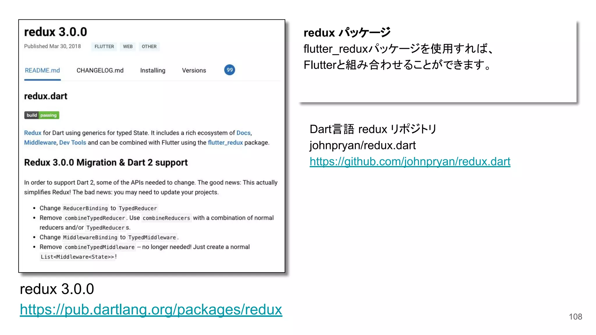 108
redux 3.0.0
https://pub.dartlang.org/packages/redux
redux パッケージ
flutter_reduxパッケージを使用すれば、
Flutterと組み合わせることができます。
Dart言語 redux リポジトリ
johnpryan/redux.dart
https://github.com/johnpryan/redux.dart
 