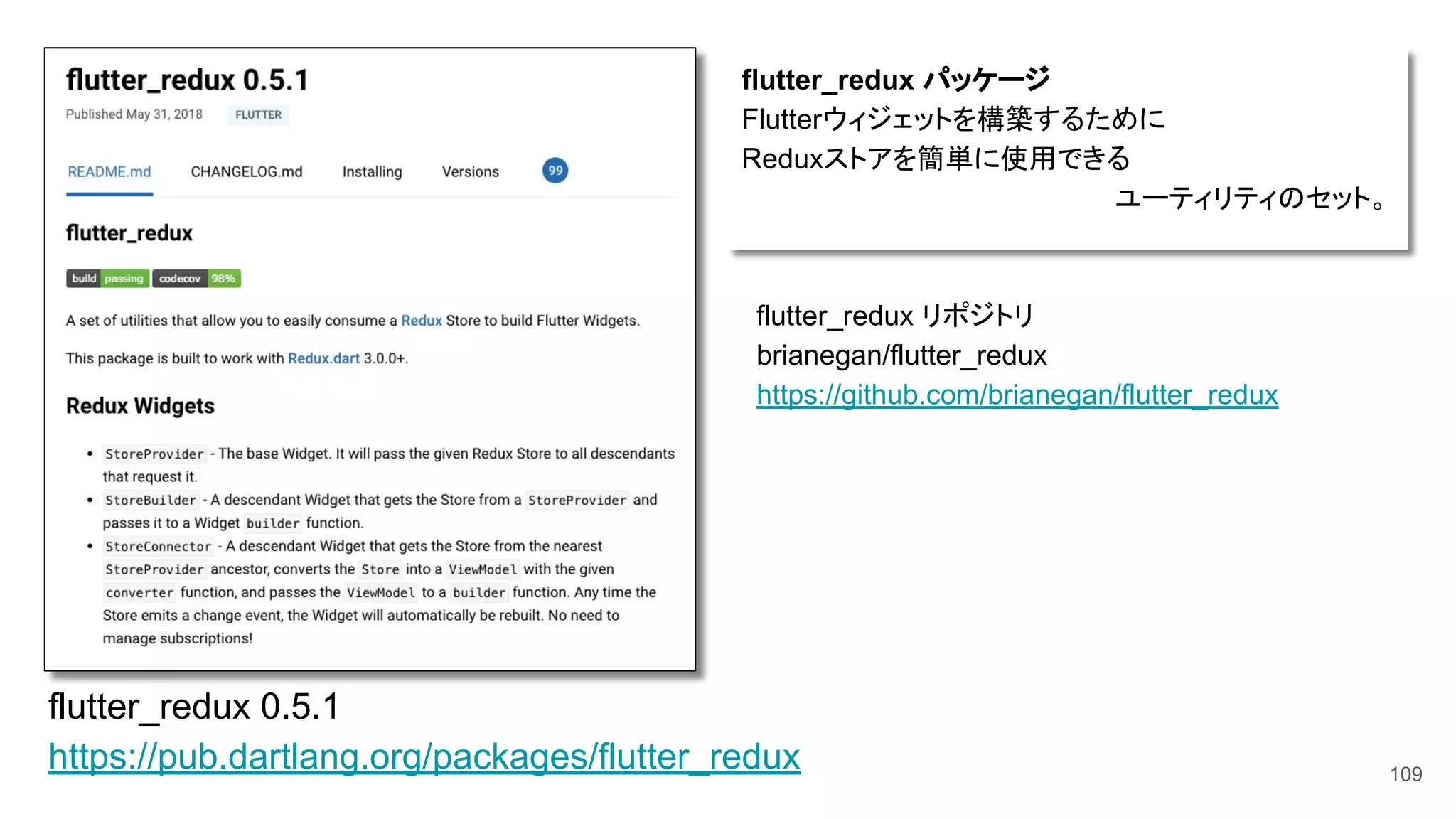 109
flutter_redux 0.5.1
https://pub.dartlang.org/packages/flutter_redux
flutter_redux パッケージ
Flutterウィジェットを構築するために
Reduxストアを簡単に使用できる
ユーティリティのセット。
flutter_redux リポジトリ
brianegan/flutter_redux
https://github.com/brianegan/flutter_redux
 