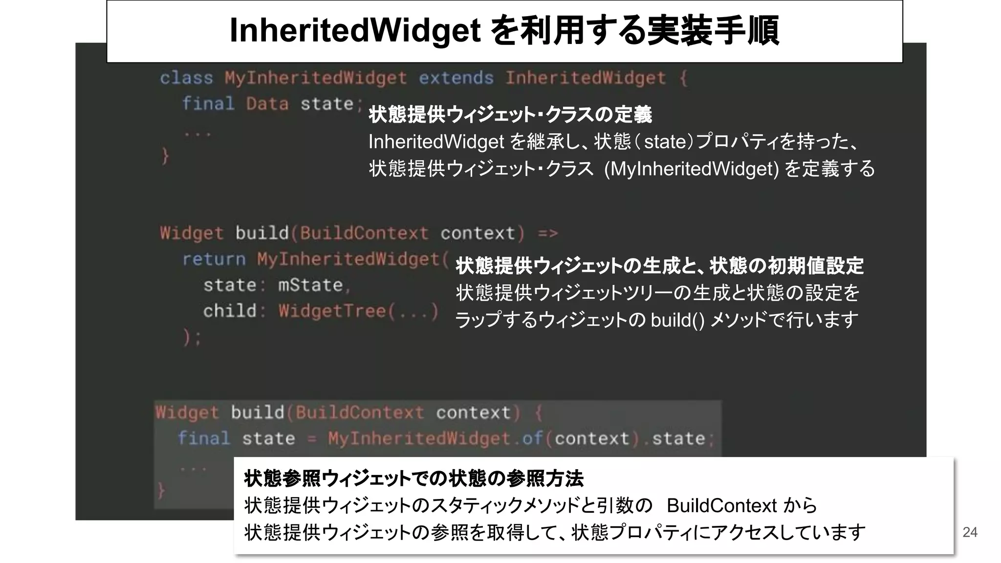 24
状態提供ウィジェット・クラスの定義
InheritedWidget を継承し、状態（state）プロパティを持った、
状態提供ウィジェット・クラス (MyInheritedWidget) を定義する
状態提供ウィジェットの生成と、状態の初期値設定
状態提供ウィジェットツリーの生成と状態の設定を
ラップするウィジェットの build() メソッドで行います
状態参照ウィジェットでの状態の参照方法
状態提供ウィジェットのスタティックメソッドと引数の BuildContext から
状態提供ウィジェットの参照を取得して、状態プロパティにアクセスしています
InheritedWidget を利用する実装手順
 